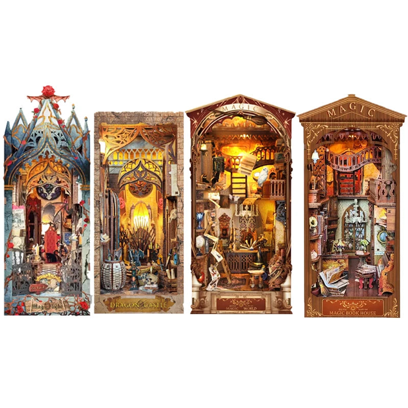 Magic Night Alley DIY Wooden Book Nook Shelf Insert Miniature Building Kits Bookshelf Decor with LED Lights