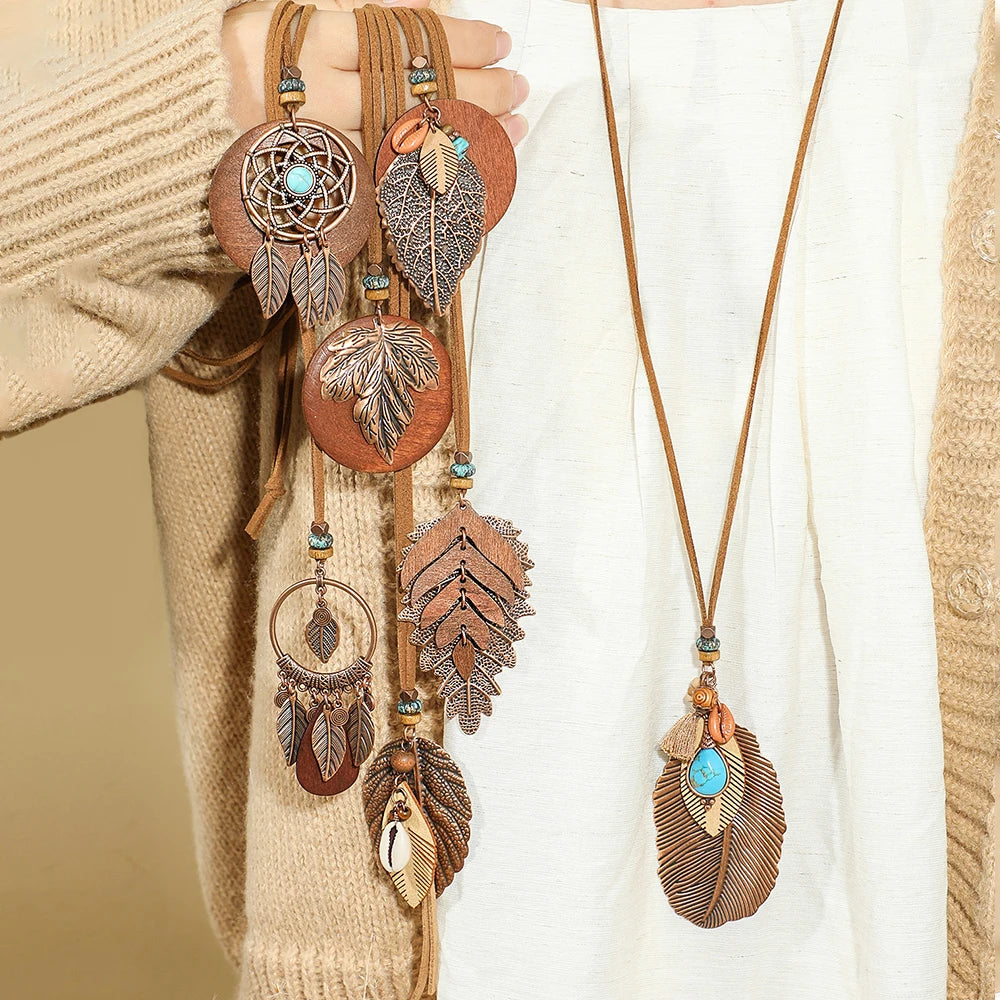 Forest Dweller Boho Leaf PU Leather Pendant Necklace Jewellery Sweater Chain