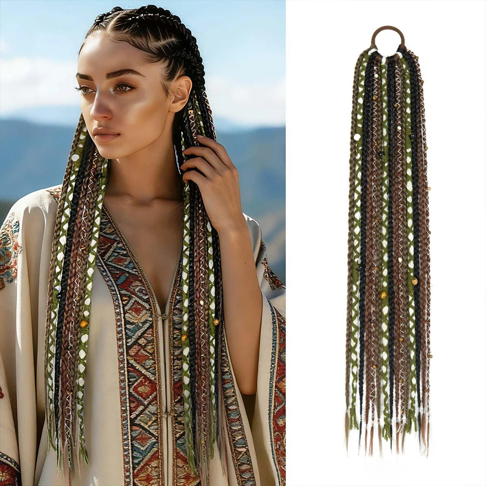 24" Beaded Boho Braided Ponytail Extension Viking Ties Dreadlock Synthetic Hairpiece