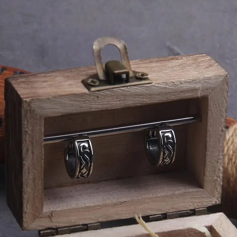 Viking Rune Huggie Hoop Earrings for Men Stainless Steel with Wooden Box