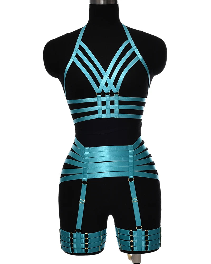 Pearlescent Colours Body Harness Body Cage Garter Belt Harness Full Set