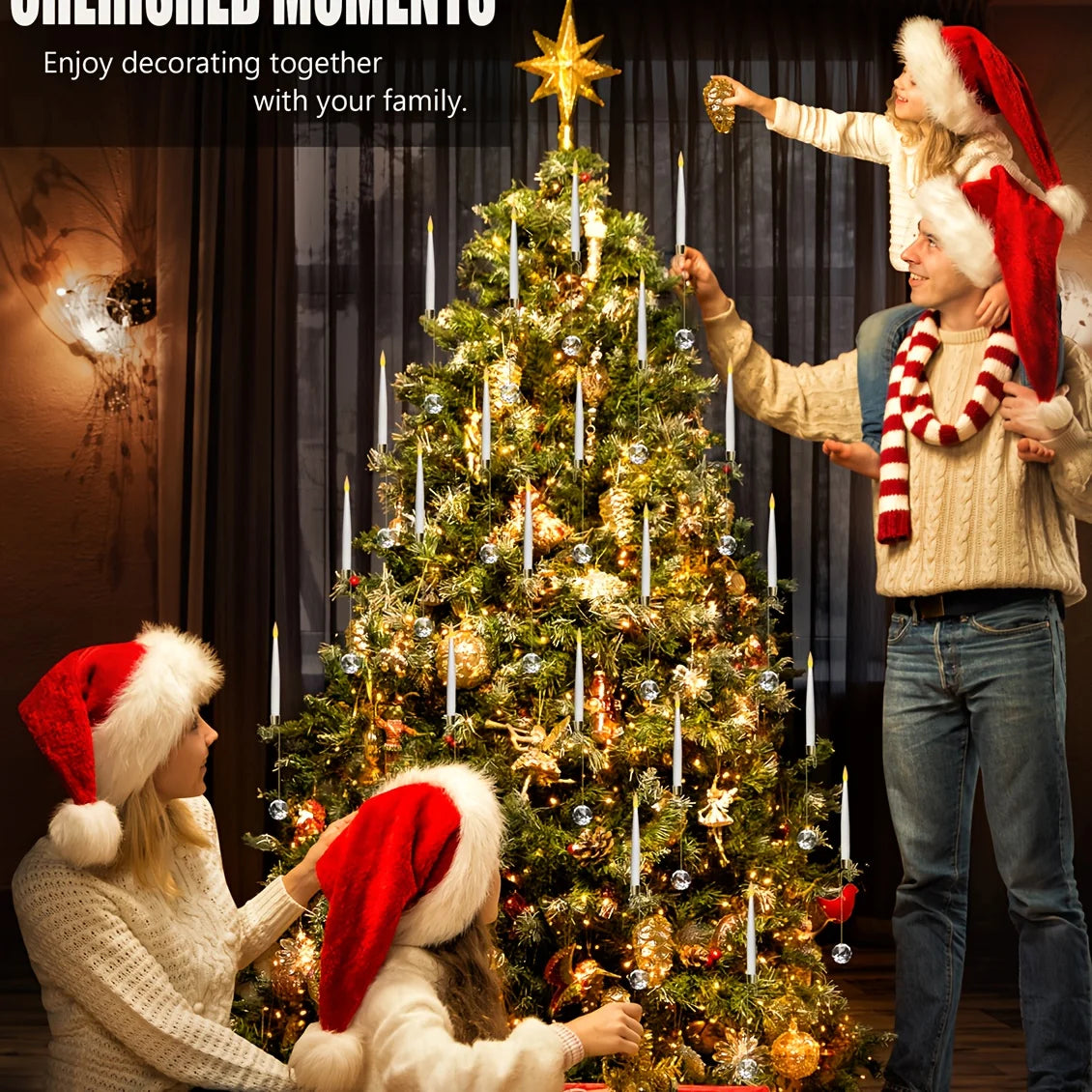 12 Pack LED Flameless Xmas Tree Taper Candles with a Crystal Ball and Gold Hook Battery Operated Remote