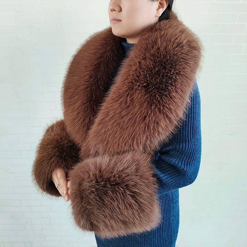 Large Faux Fox Fur Scarf Winter Warm Fluffy Collar And Cuff Sets 19 Colours