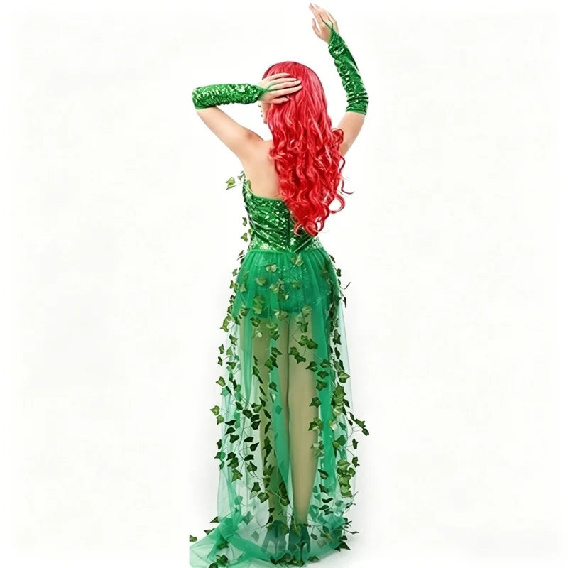 Poison Ivy Halloween Costume Bodysuit Open Dress Gloves Leaf Sequin Cosplay