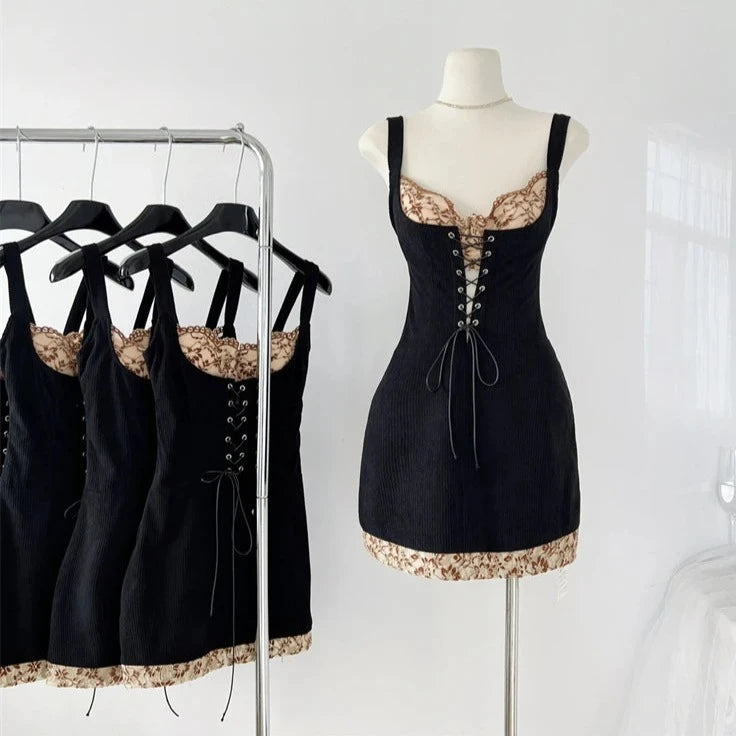 French Wench Black Lace-up Lace Mini Dress