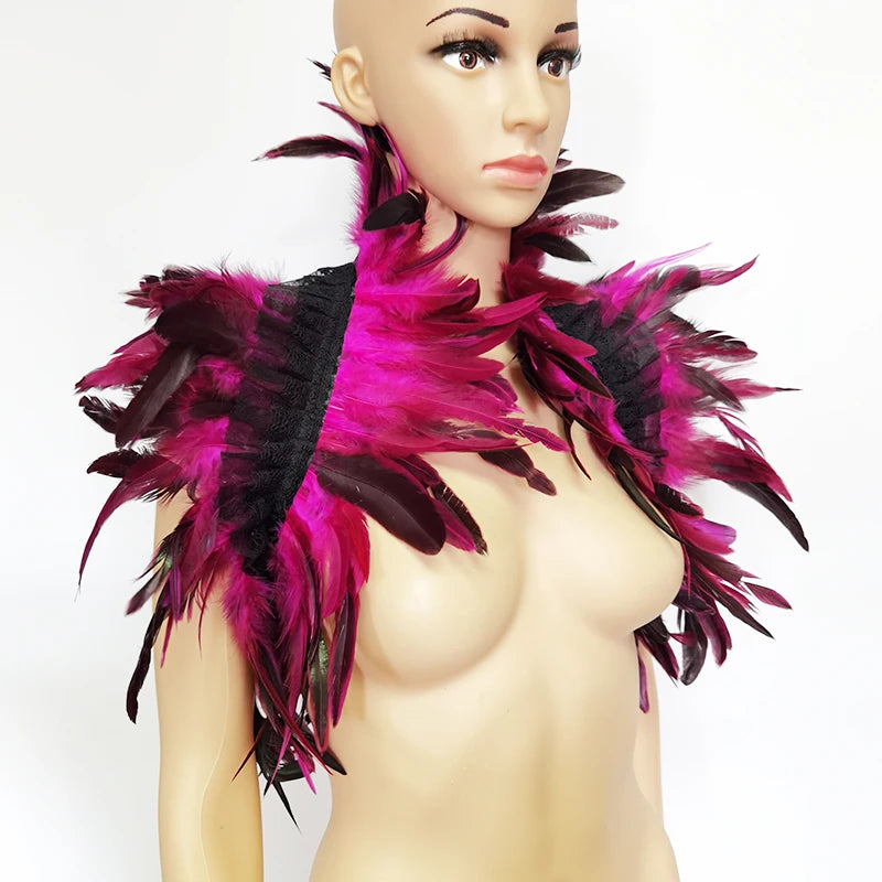 Black Rooster Feather Shrug Gothic Collar with Ribbon Ties