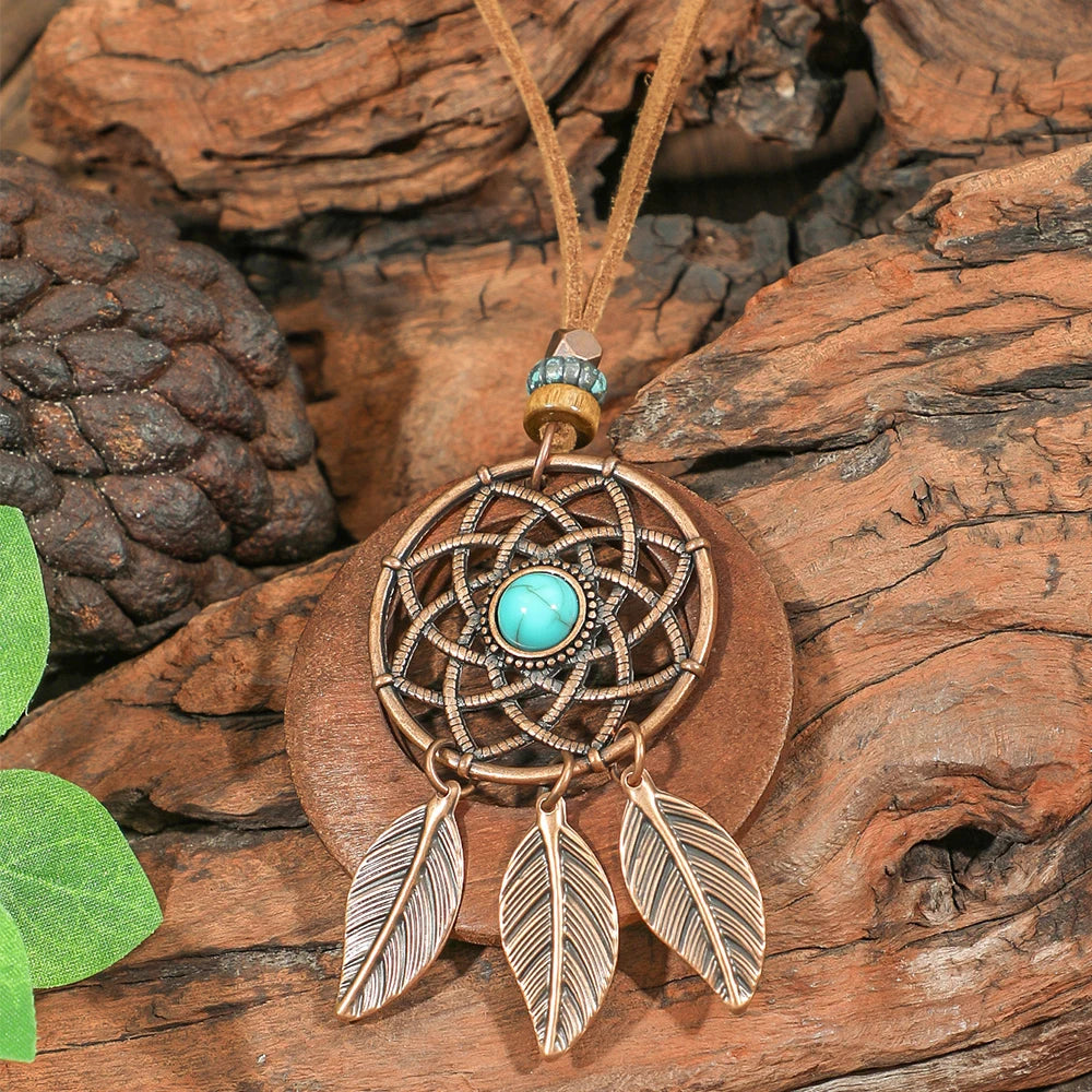 Forest Dweller Boho Leaf PU Leather Pendant Necklace Jewellery Sweater Chain