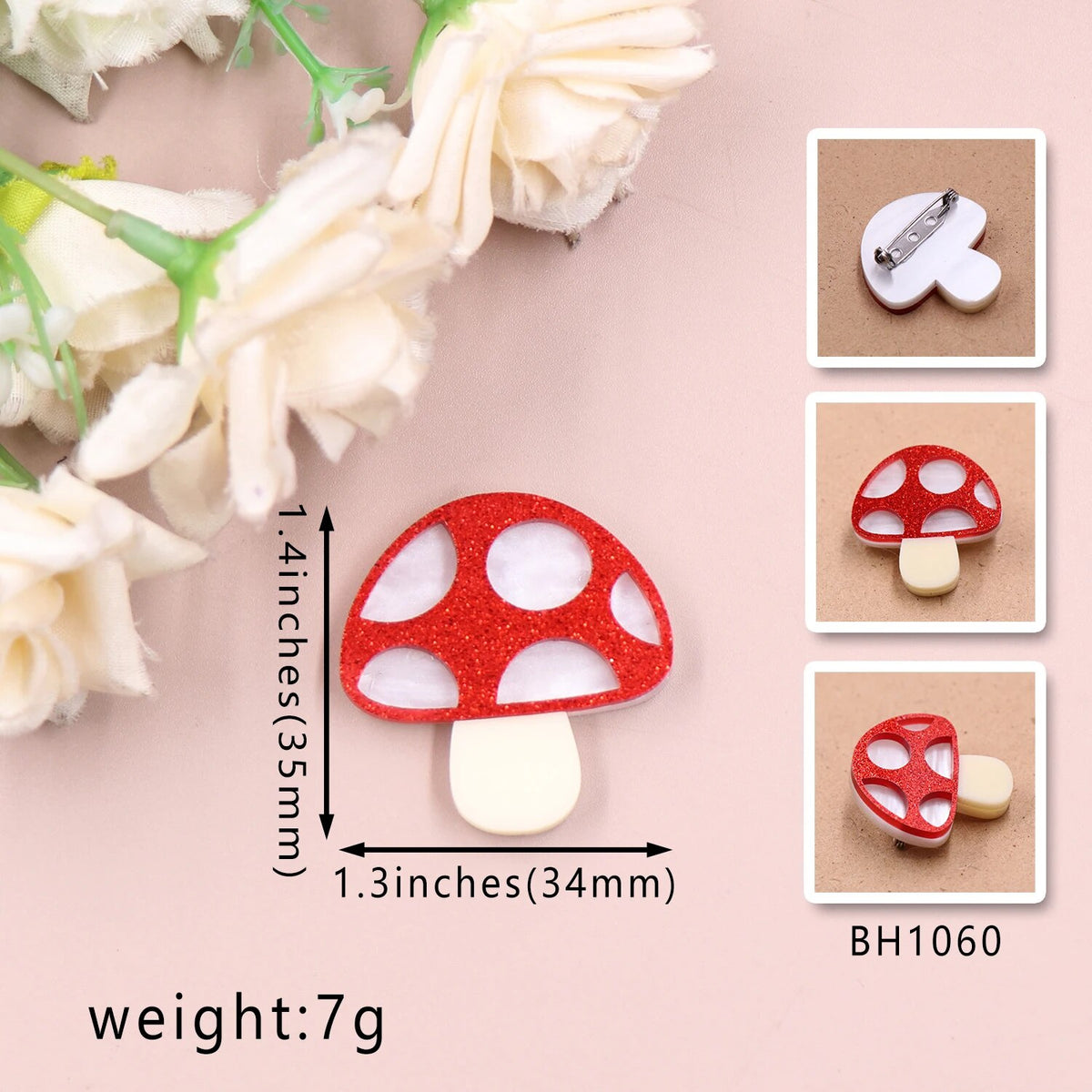 Glittery Mushroom Acrylic Brooch