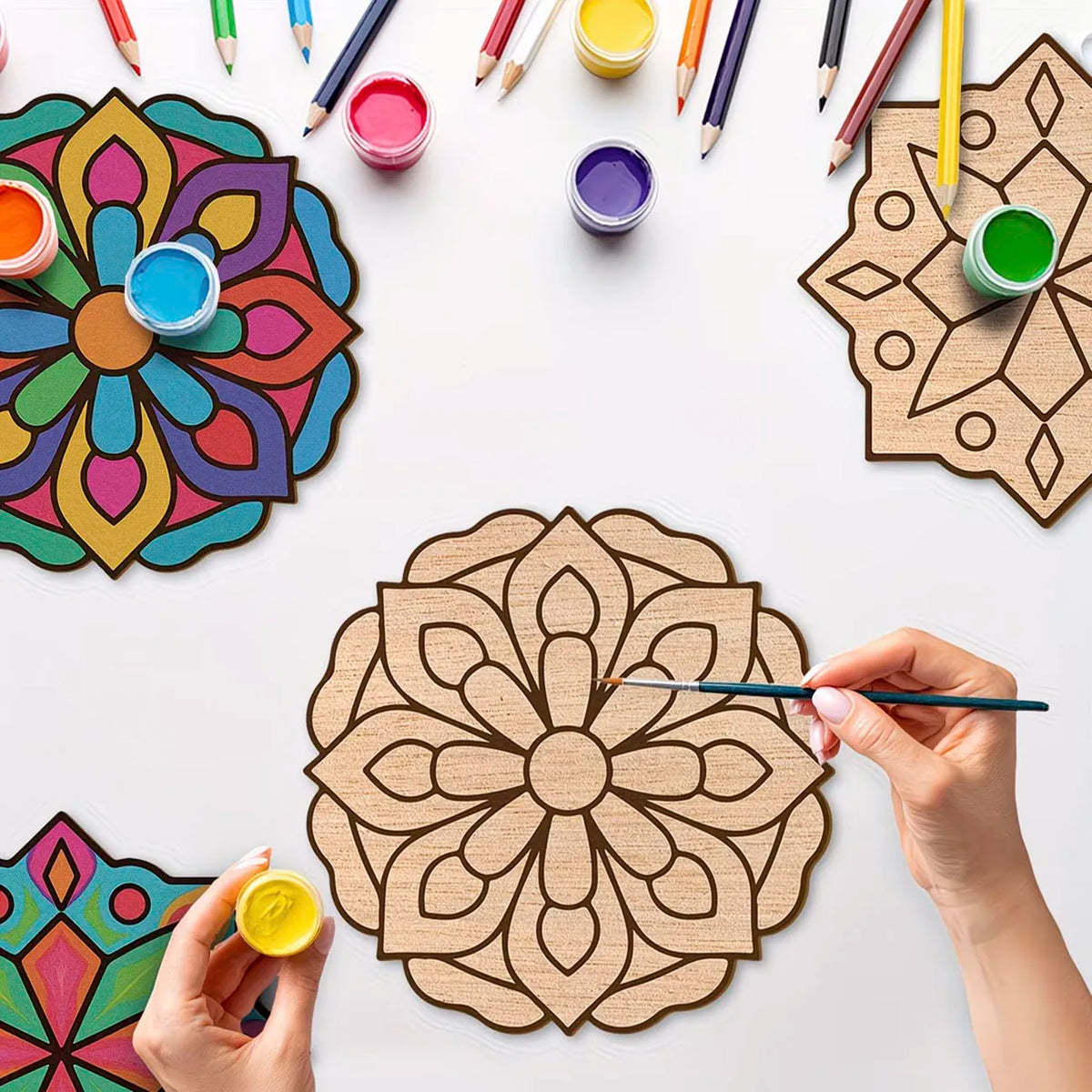 8Pcs Mandala Flower Wooden Shapes Set Unfinished Wood Wall Art DIY Craft