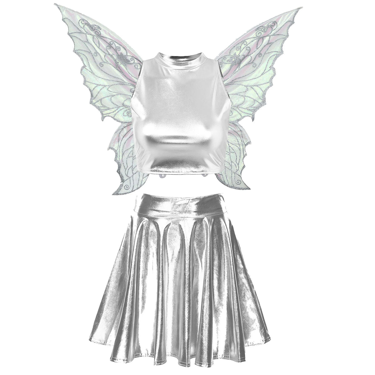Festival Fairy Cosplay Costume Sleeveless Crop Top, High Waist Flared Skirt And Butterfly Wings Set