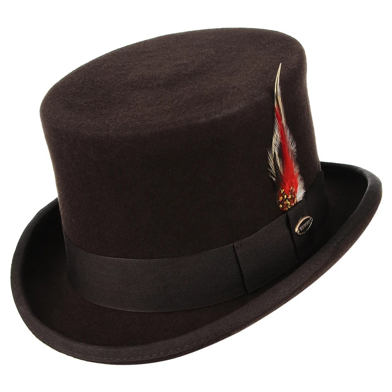 100% Wool Felt Short Top Hat With Feather