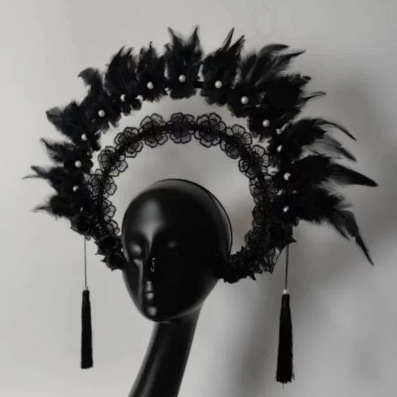 Black Feather Halo Crown Stage Performance Headpiece