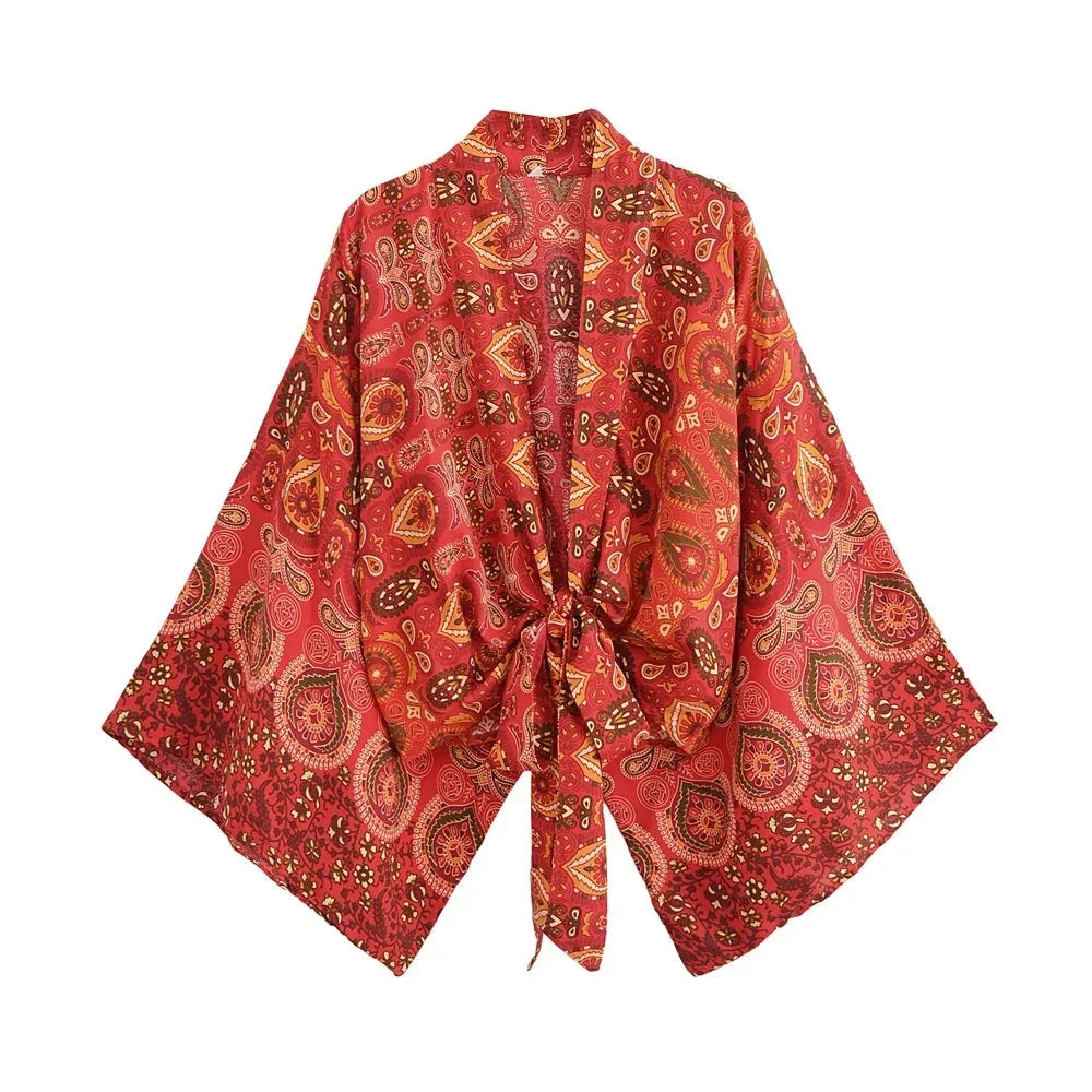 Nuri's Boho Short Kimono Red Floral Wrap Top
