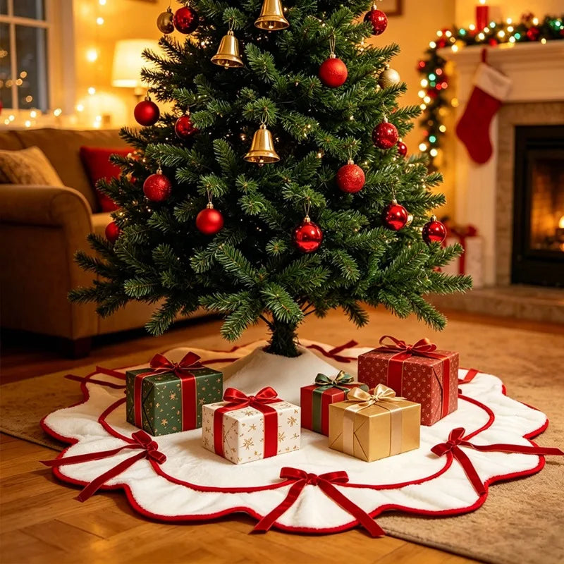 Velvet Bow Christmas Tree Skirts Soft Plush Stand Cover Xmas Decor