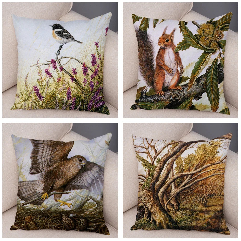 Woodland Critter Spotting Cushion Covers Fox Bird Squirrel