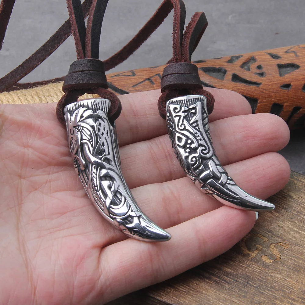 Viking Wolf Fang Stainless Steel Pendant Necklace For Men with Wooden Gift Box