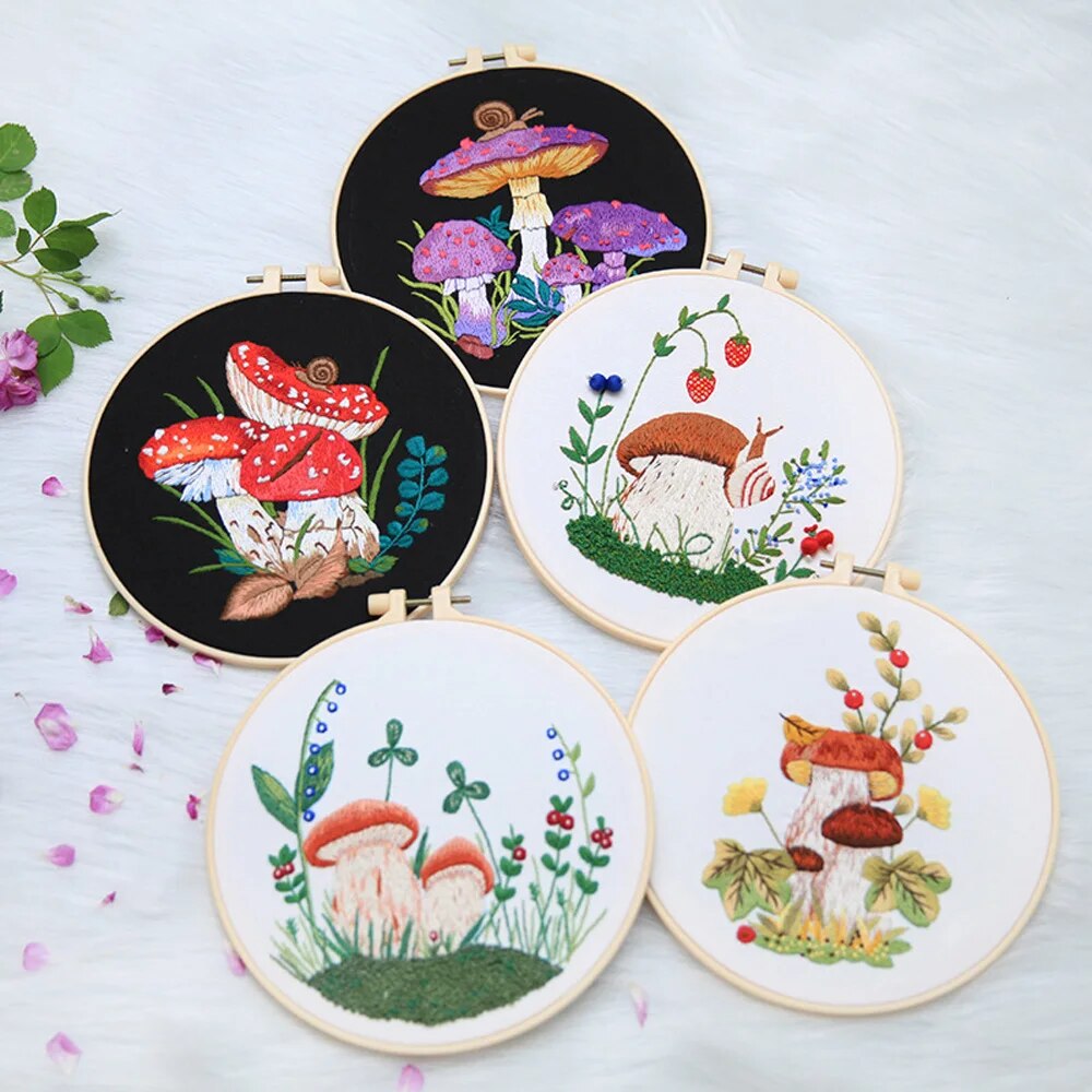 DIY Mushroom Embroidery Kit with Hoop Beginner Needlework Set