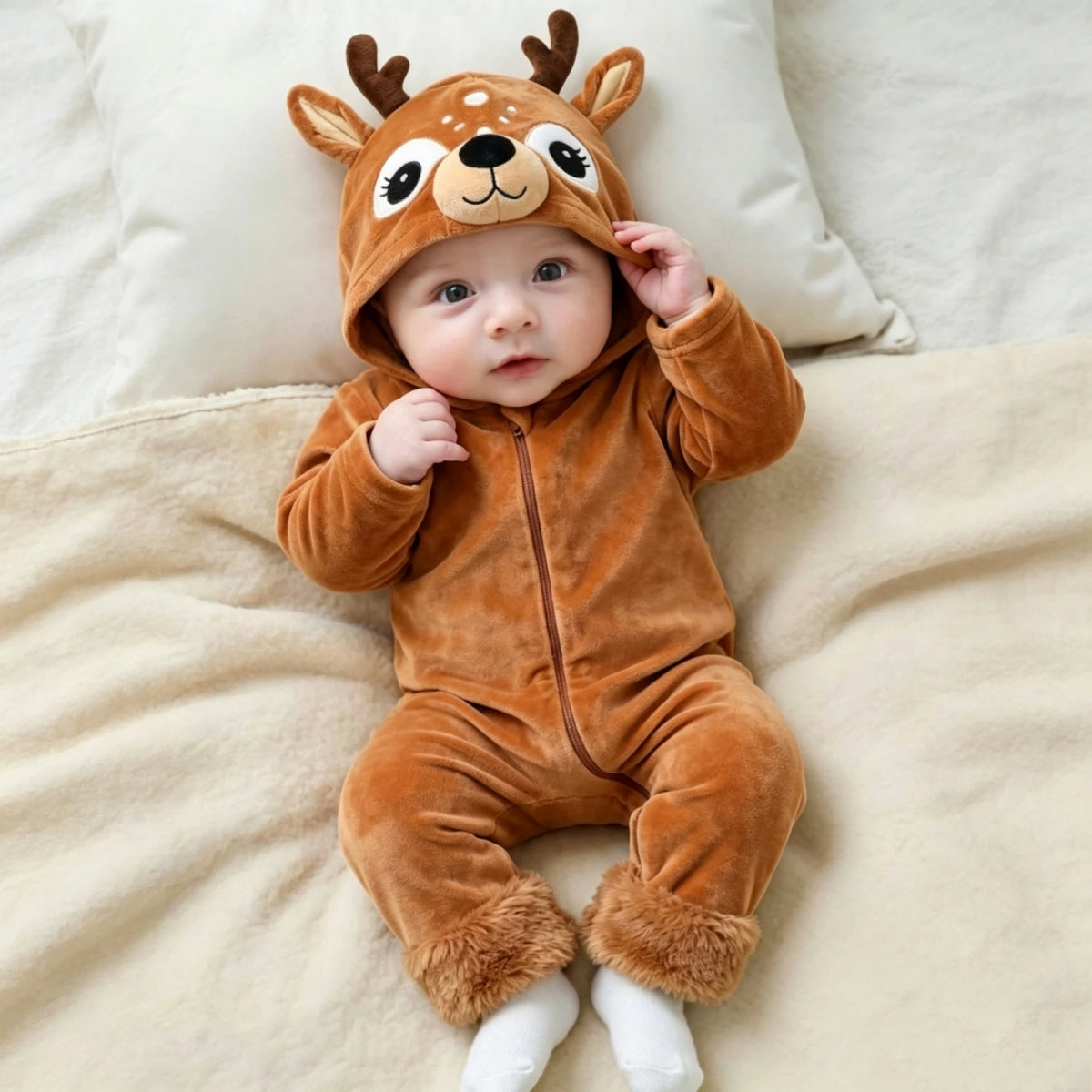 Baby Reindeer Costume Toddler Girls Boy Cute Plush Zipper Deer Hooded Romper for Christmas