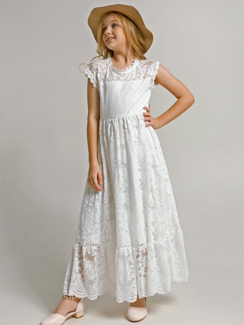 Girls Flower Girl Dress Lace Cotton Maxi Dresses