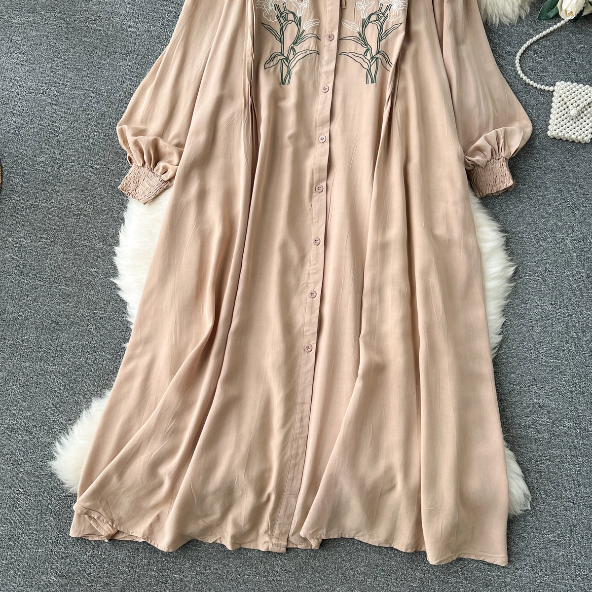 Olive's Embroidered Long Sleeve Shirt Dress
