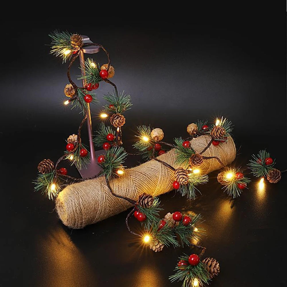 Pinecones Red Berries Garland Christmas Led String Lights