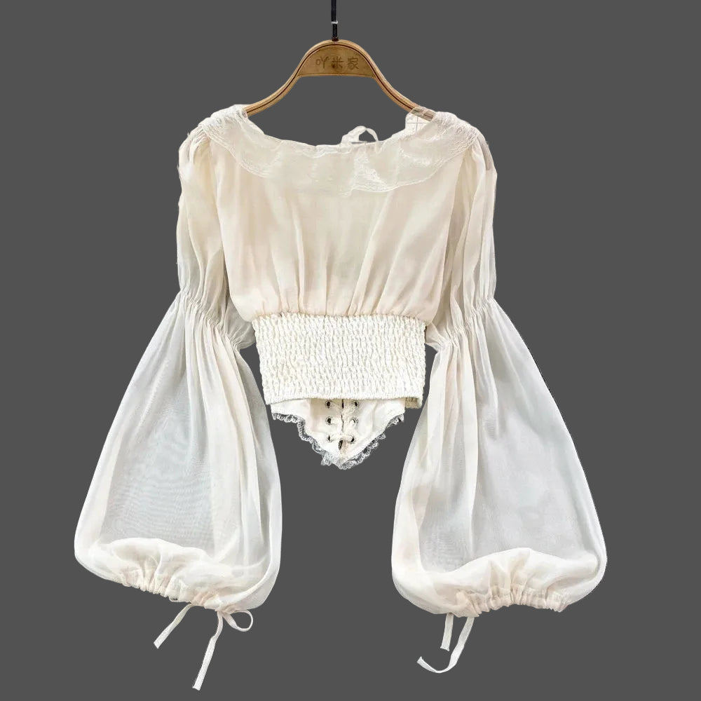 French Court Blouse Chiffon Lace Lace-up Top