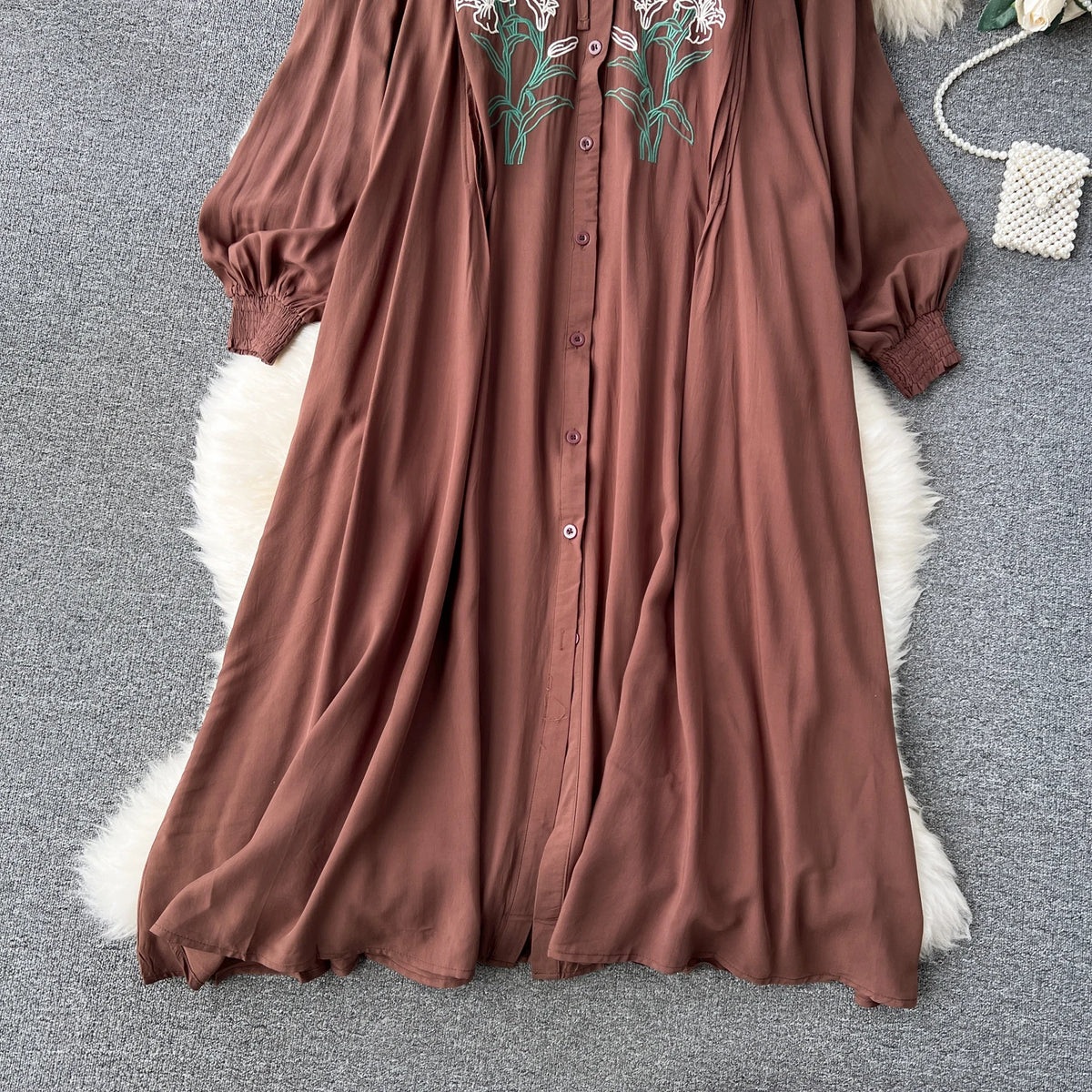 Olive's Embroidered Long Sleeve Shirt Dress