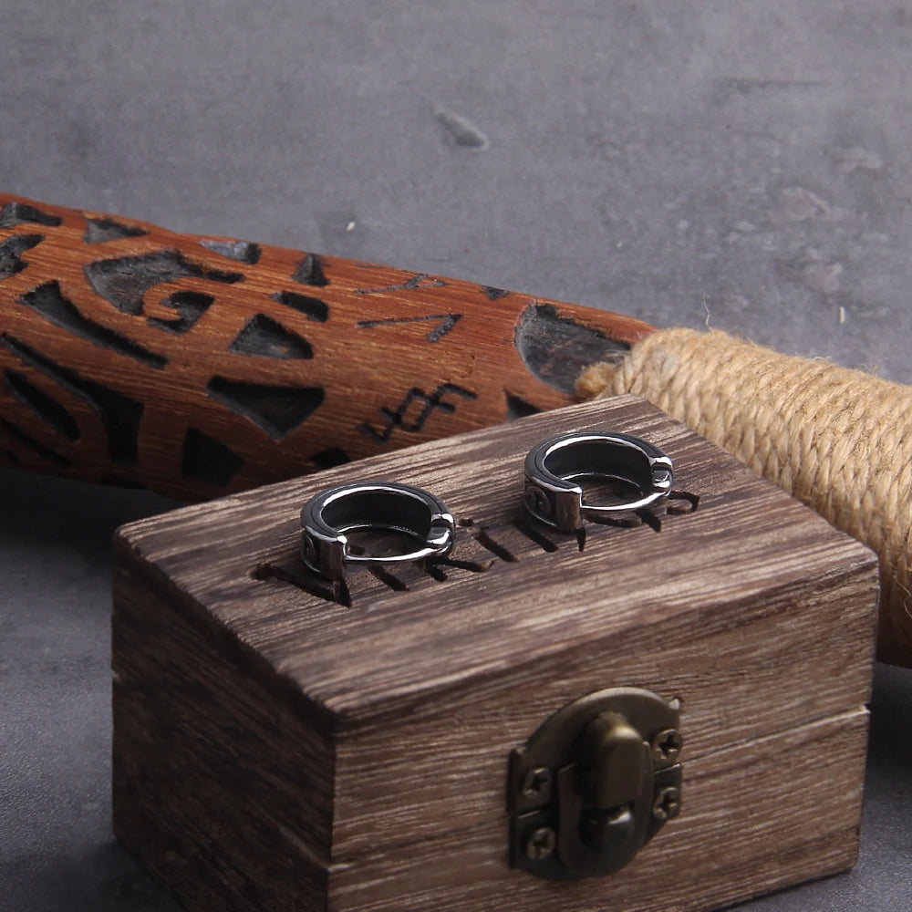 Viking Rune Huggie Hoop Earrings for Men Stainless Steel with Wooden Box