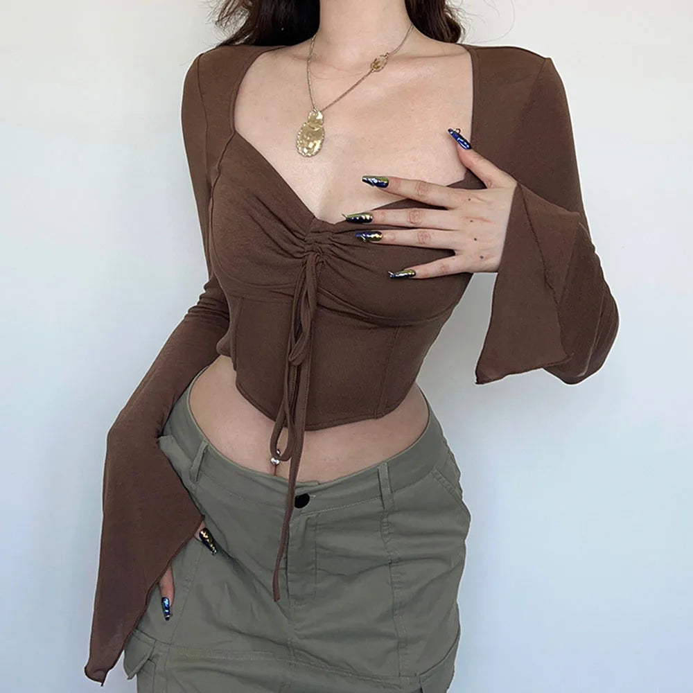 Y2k Chocolate Brown Flare Sleeve Top Matching Grunge Skirt