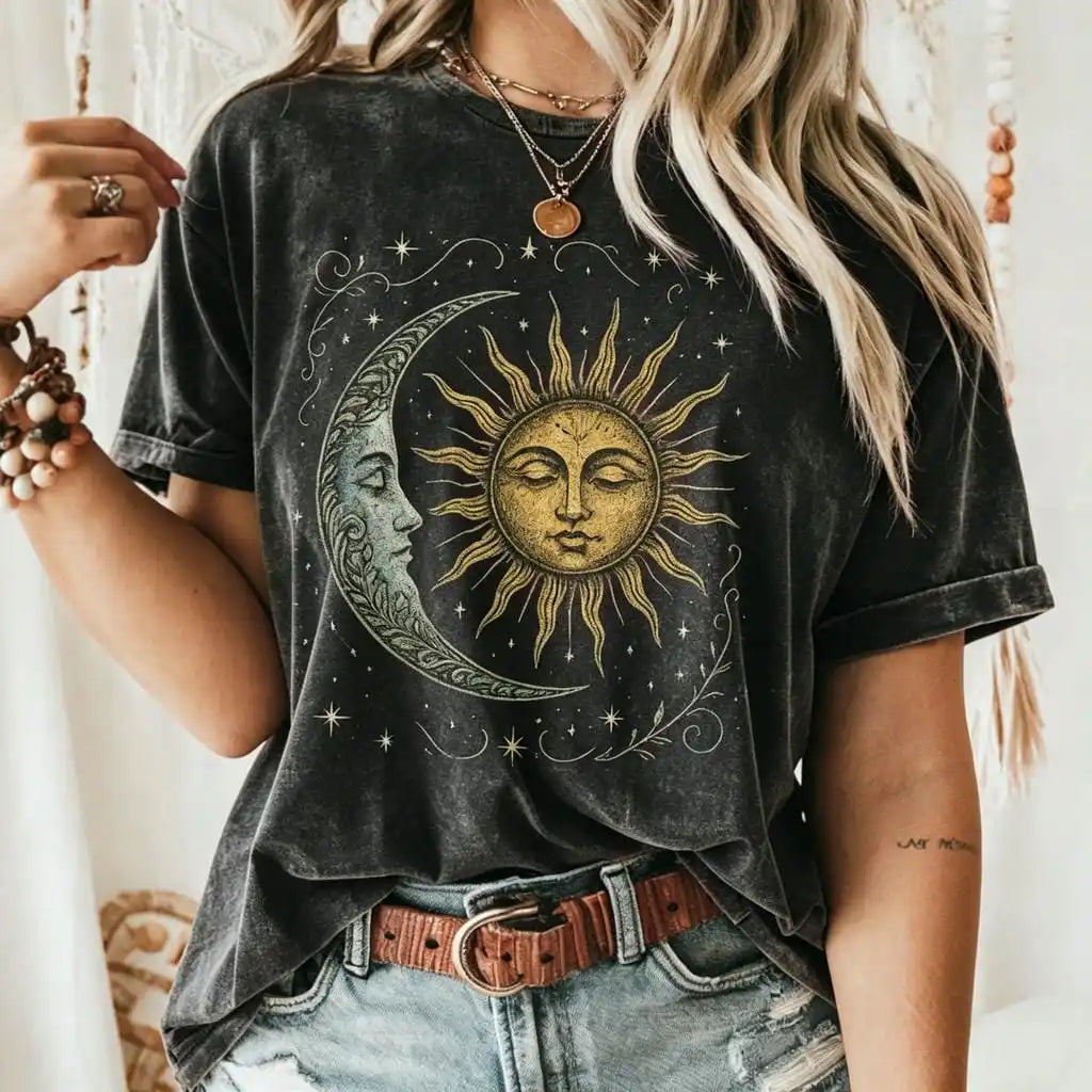 Boho Celestial Moon and Radiant Sun Cotton T-shirt