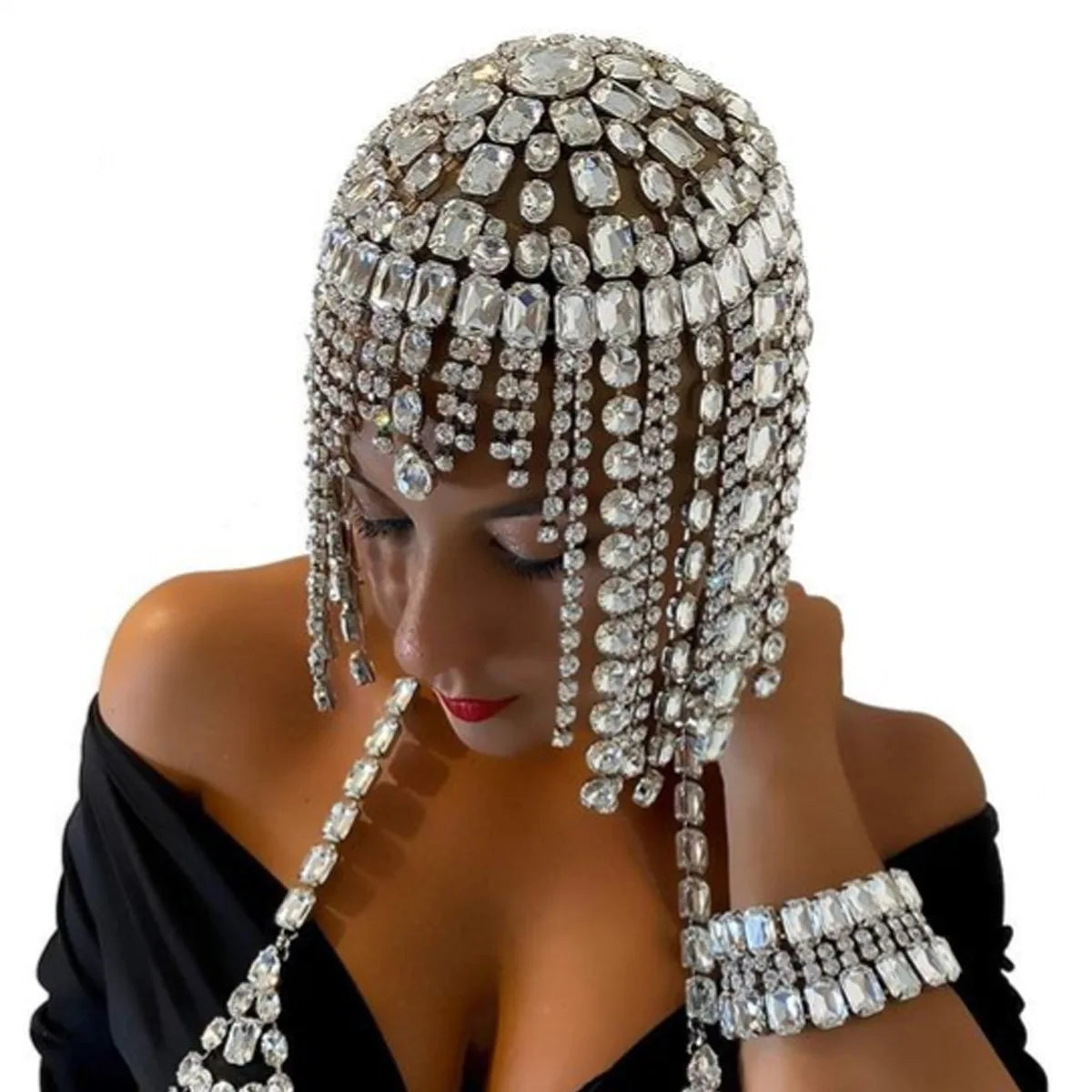 Bling Performance Rhinestone Long Fringed Hair Chain Wig Stage Headwear