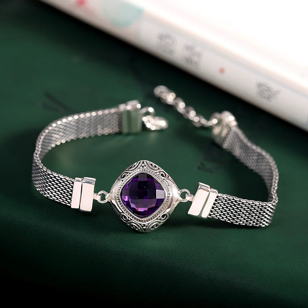 The Gate Keeper's S925 Sterling Silver Bracelet Amethyst Smoky Quartz Flat Woven-chain Jewellery