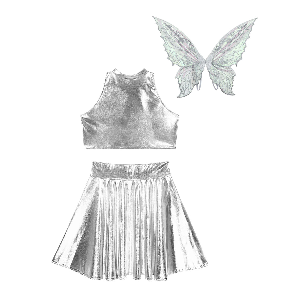 Festival Fairy Cosplay Costume Sleeveless Crop Top, High Waist Flared Skirt And Butterfly Wings Set