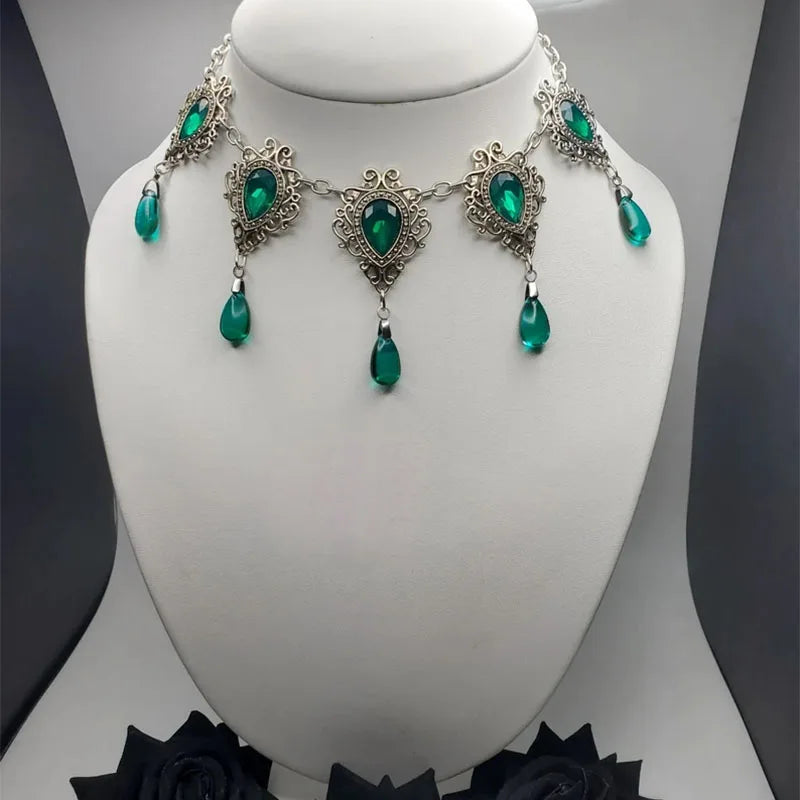 Victorian Medieval Gothic Green Envy Water Drop Courtier's Choker Necklace