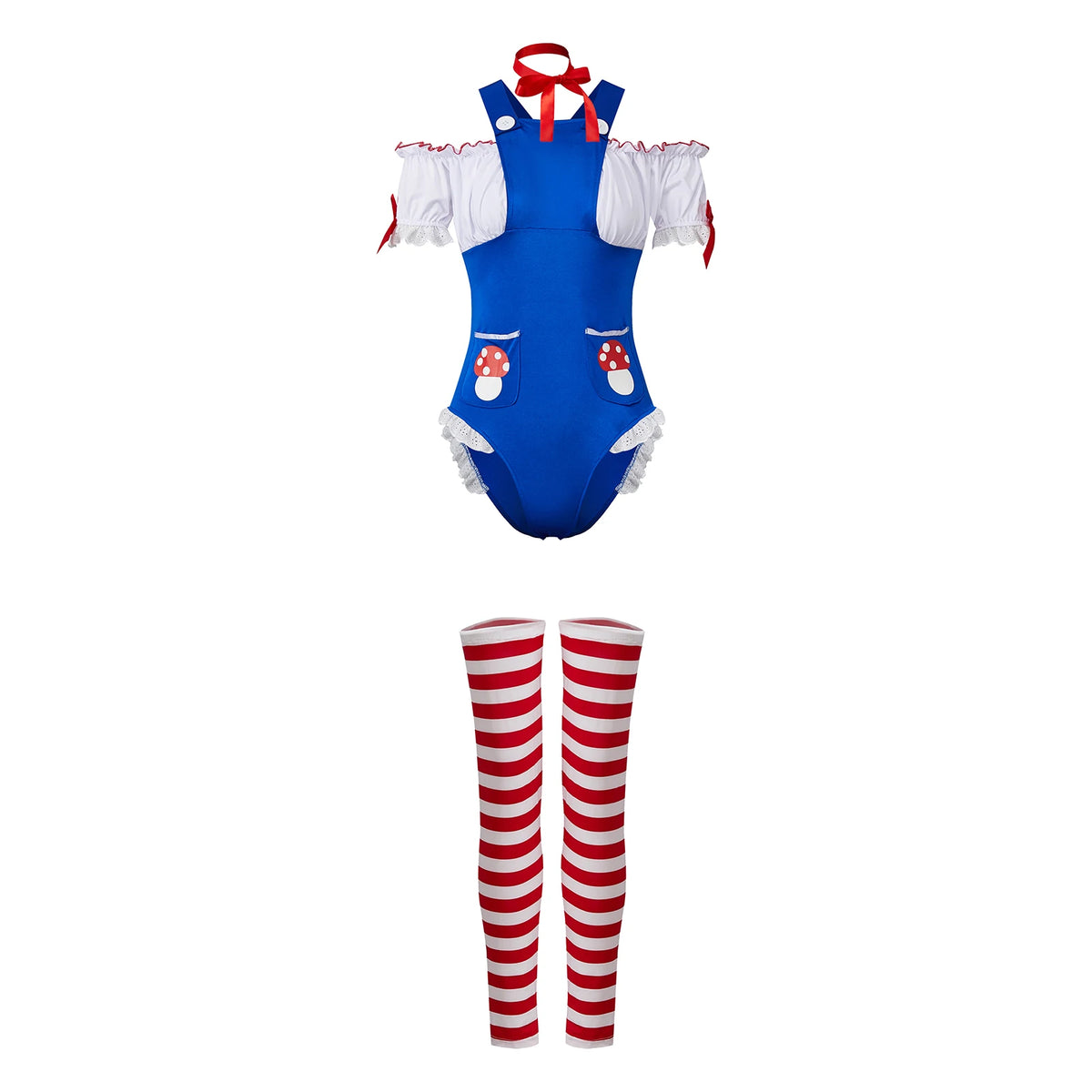 Women Mushroom Costumes Romper Jumpsuit Striped Leg Warmers Hat and Choker Halloween Cosplay Outfit