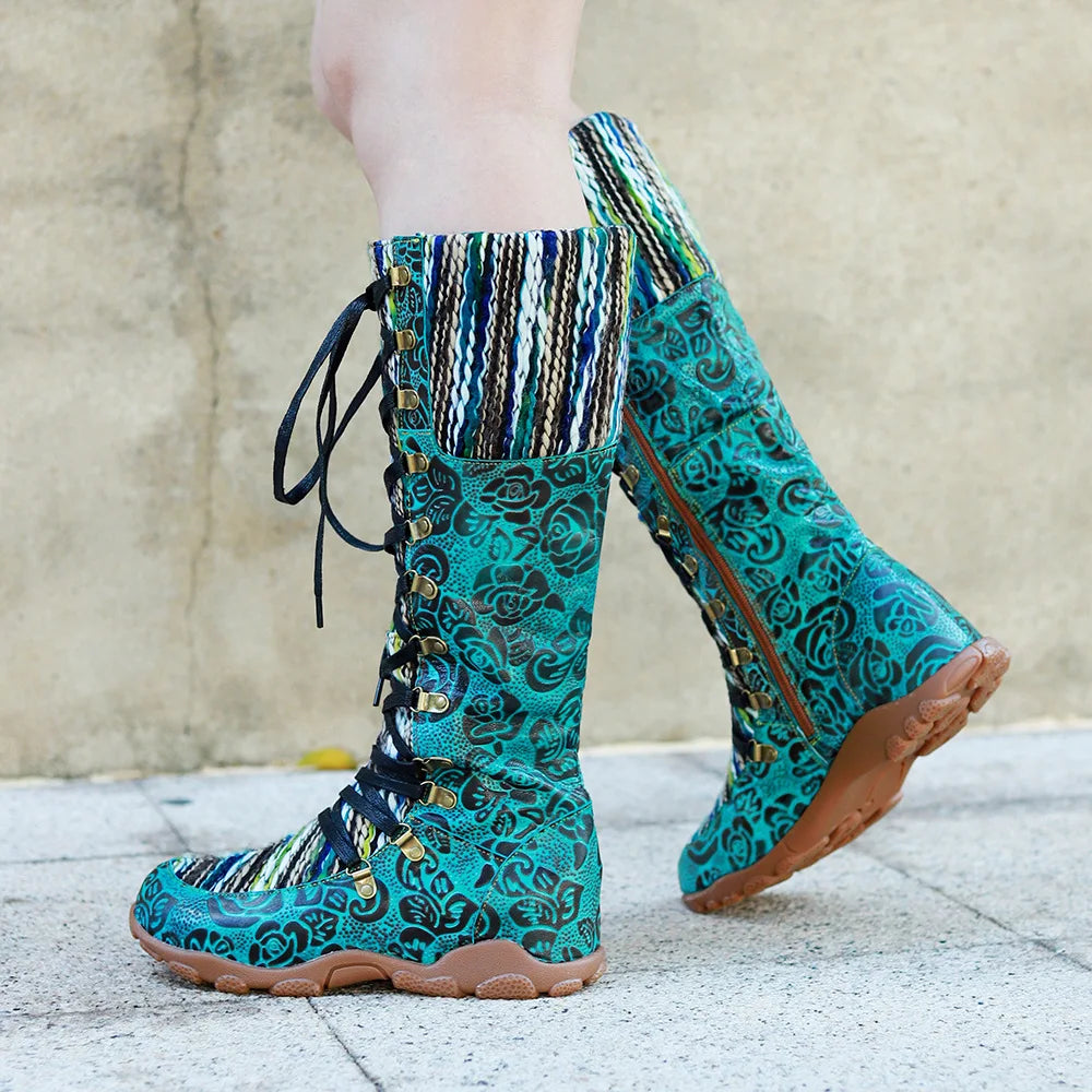 Maria's Genuine Leather Wool Spliced Lacing Comfortable Flat Boots Shoes