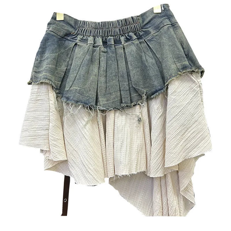 Spliced Denim Pleated Skirt