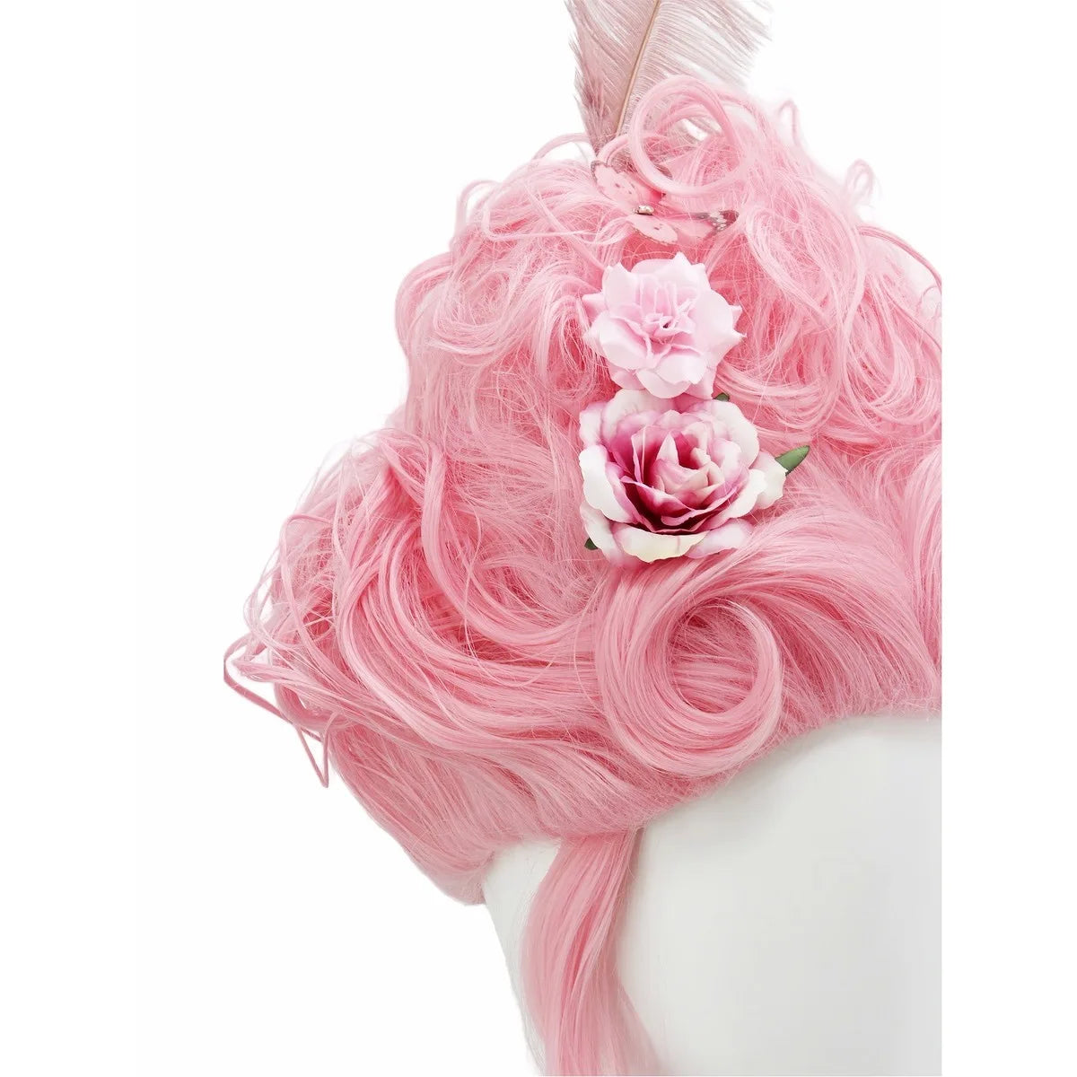 Pink Fluffy High-Top Cosplay Wig Queen's Hairstyle with Feather Flowers