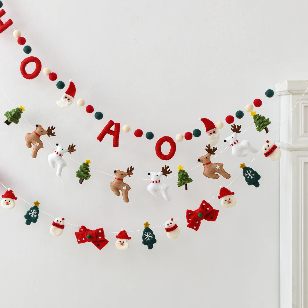 180cm Wool Felt Christmas Garland Handmade Snowman Reindeer Pom Pom Banner for Xmas Tree Wall Mantel Decor