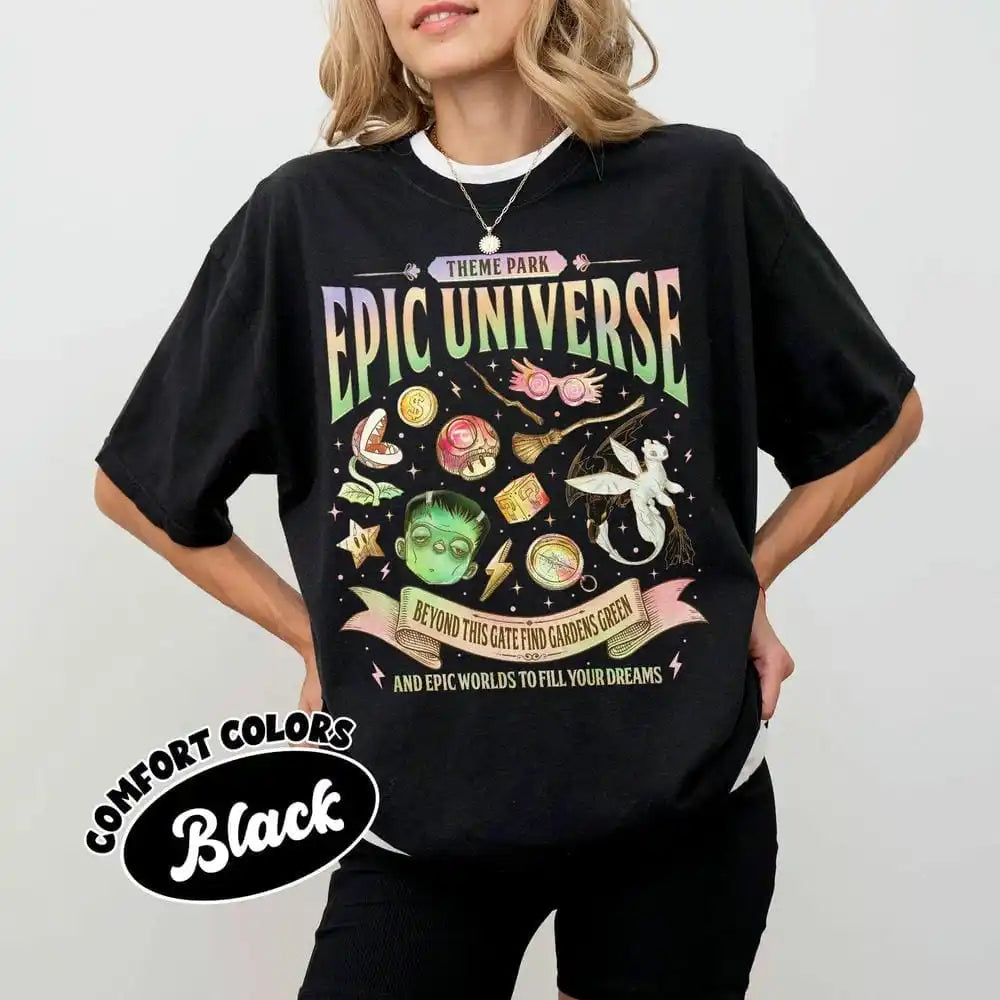 Epic Universe Unisex Tee Cotton T-Shirt Fantasy Family Theme Park Trip Orlando Park