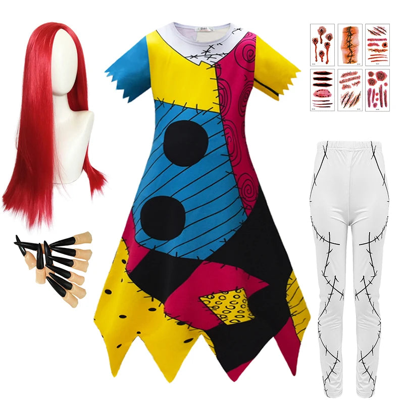 Children's Halloween Cosplay Nightmare Before Christmas Costumes Kids Girls Sally Dress Boys Skeleton Jack Clothing Set