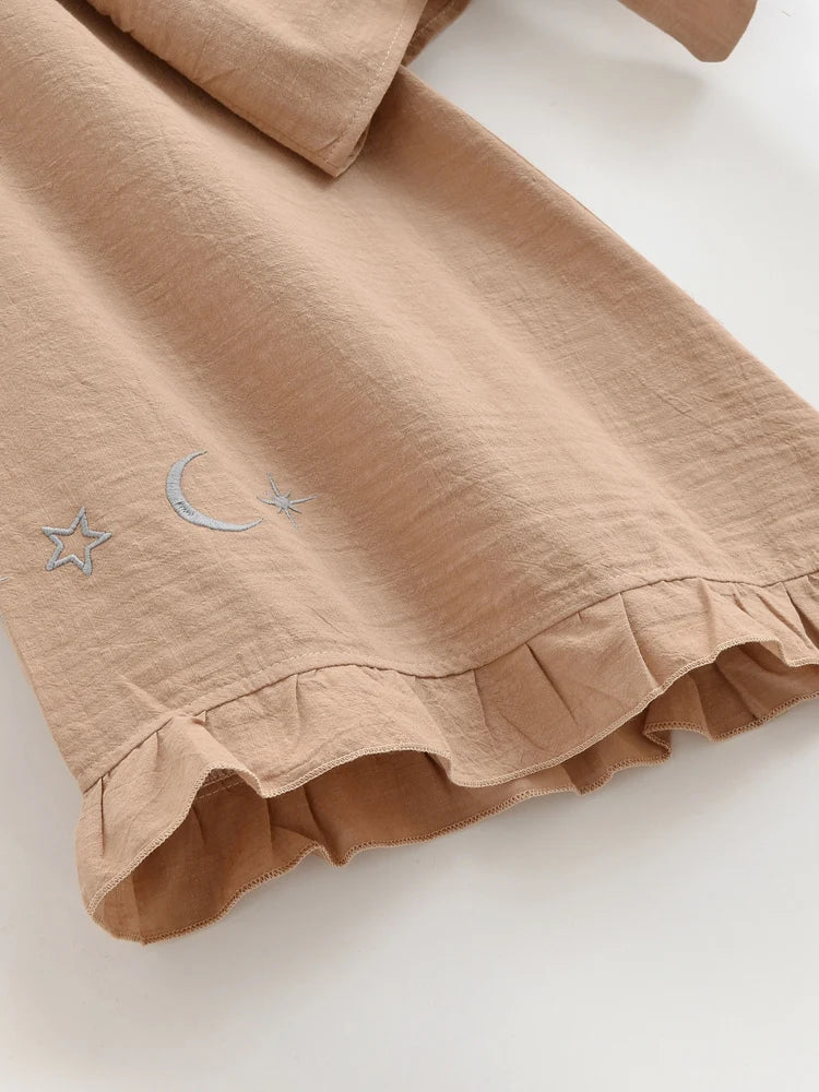 Boho Star Moon Embroidered Short Kimono Wrap Top Ruffled Flare Sleeves Cover-ups