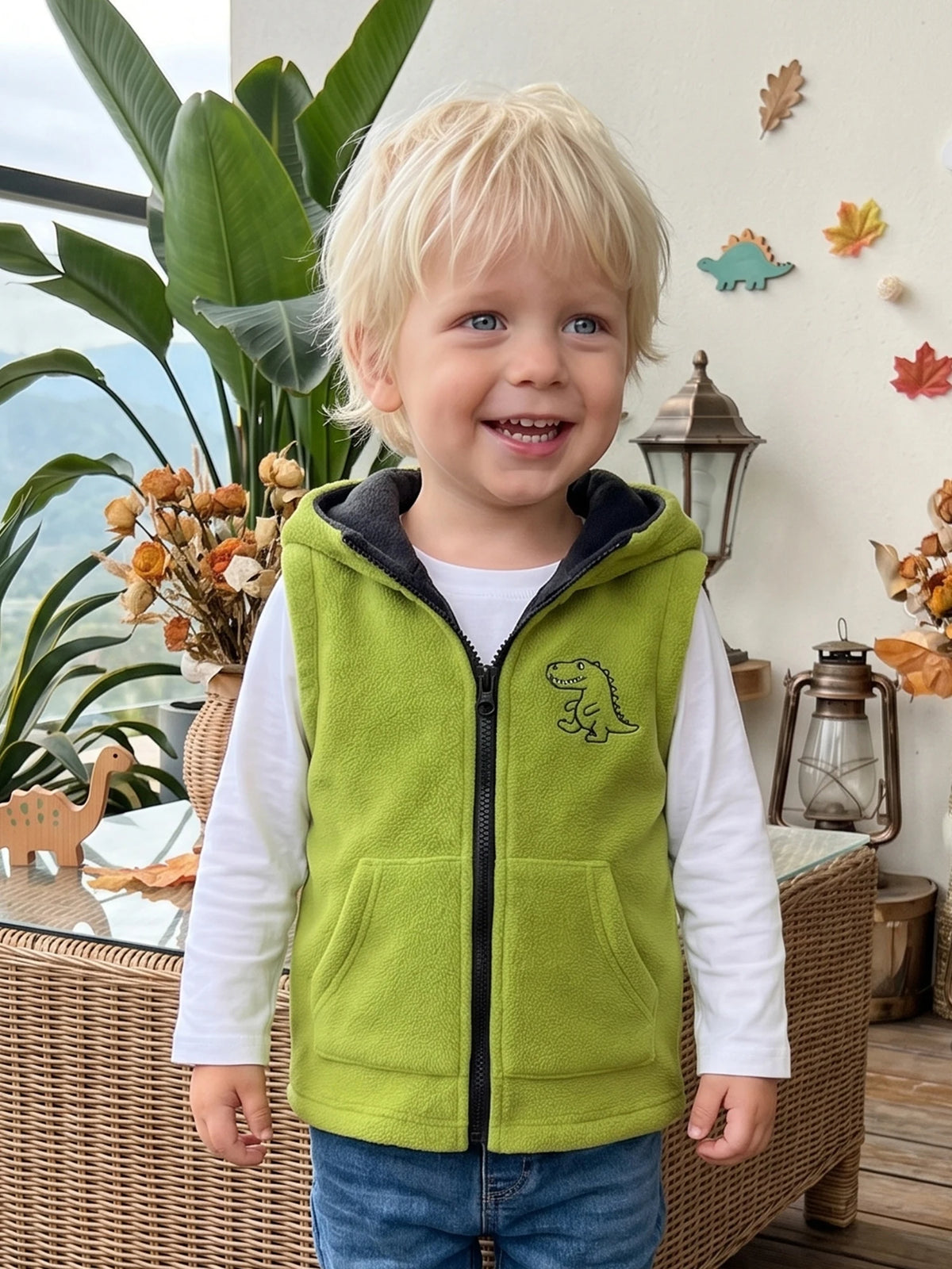 Dinosaur Fleece Vest Toddler Boy Hooded Cute Embroidery Full-Zip Sleeveless Jacket Coats Outerwear