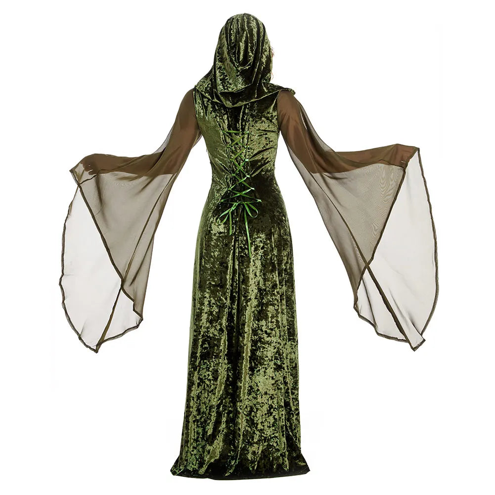 Mysterious Medieval Lady Cosplay Green Black Hooded Gown Renaissance Costume