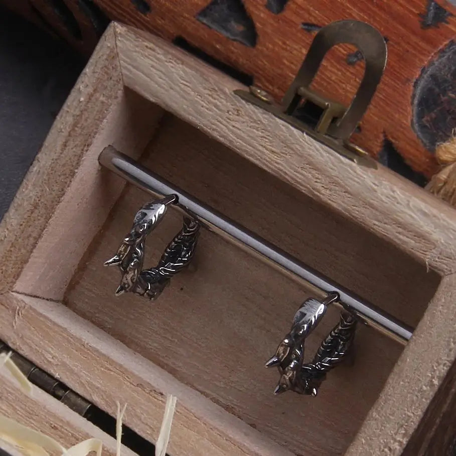 Gothic Thorns Stainless Steel Huggie Hoop Earrings for Men with Wooden Box