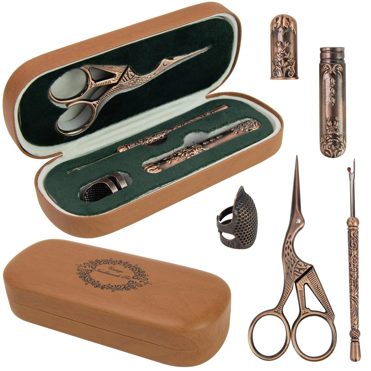Crane 4pcs Embroidery Scissors Kit Needlework Set Seam Ripper Thimbles Needles