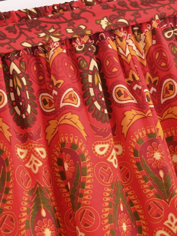 Nuri's Boho Red Floral Print Wide Leg Pants