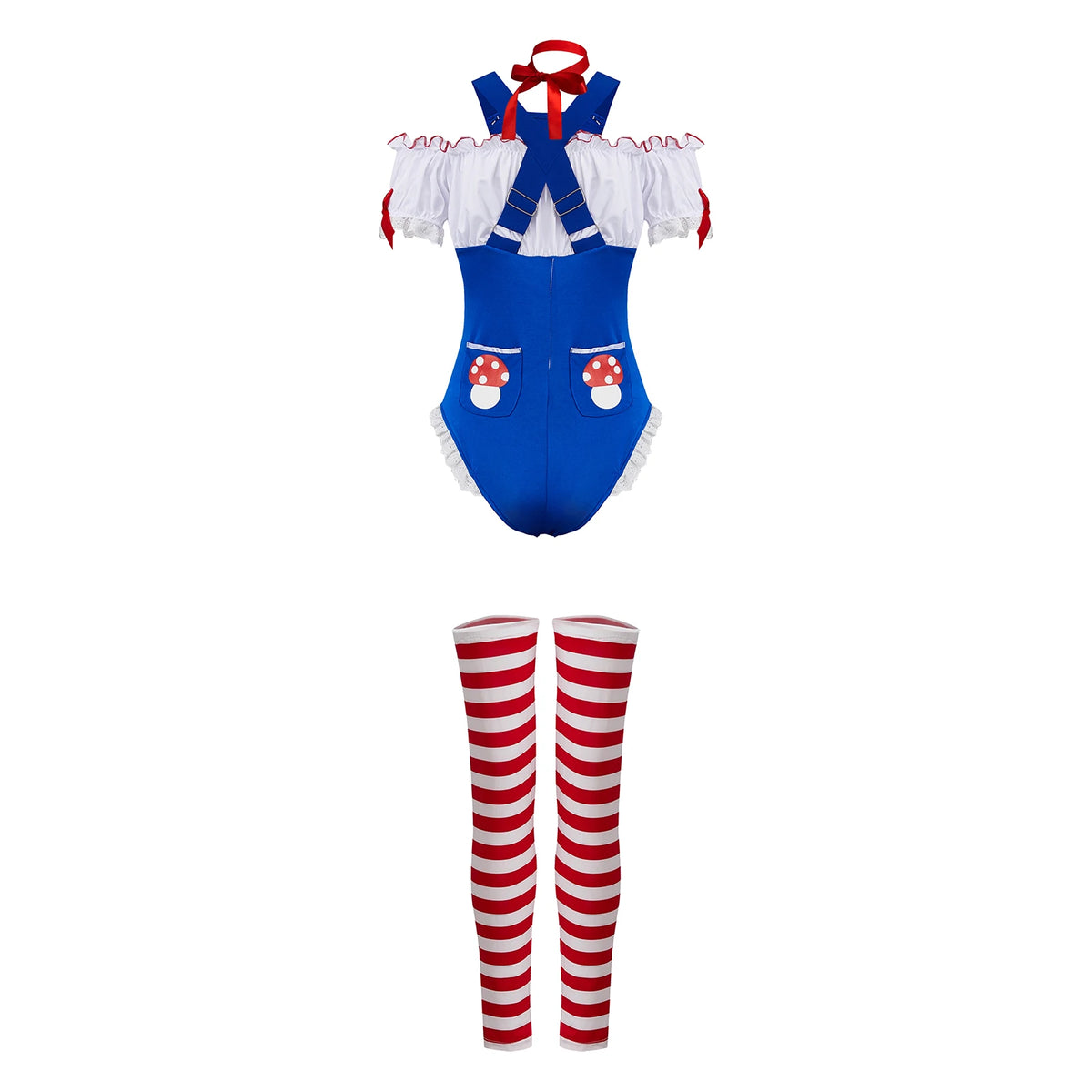 Women Mushroom Costumes Romper Jumpsuit Striped Leg Warmers Hat and Choker Halloween Cosplay Outfit