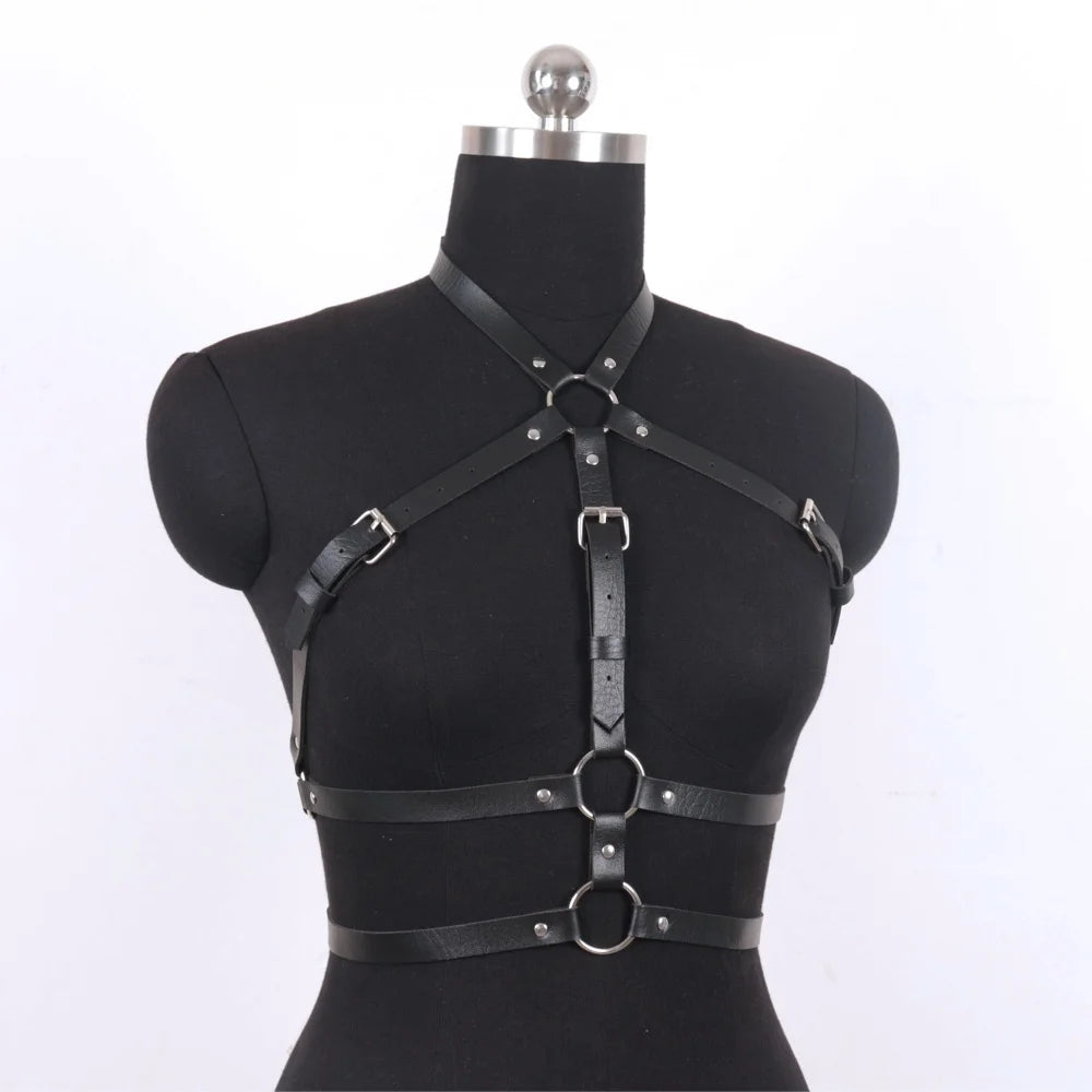 Gothic Dark Faux Leather Halter Body Harness, Adjustable Chest Strap Halloween Vampire Witch Cosplay