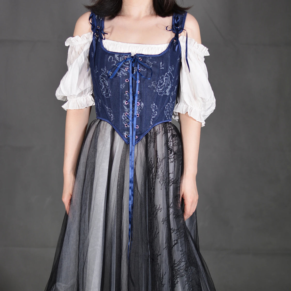 Blue Rose French Renaissance Corset Tops Lace-up Overbust Corset